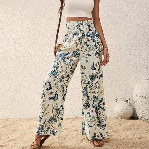 Wide Leg Pants, High Waist Boho Tropical Print Flowy Hippie casual beach pants - Picture 2 of 8